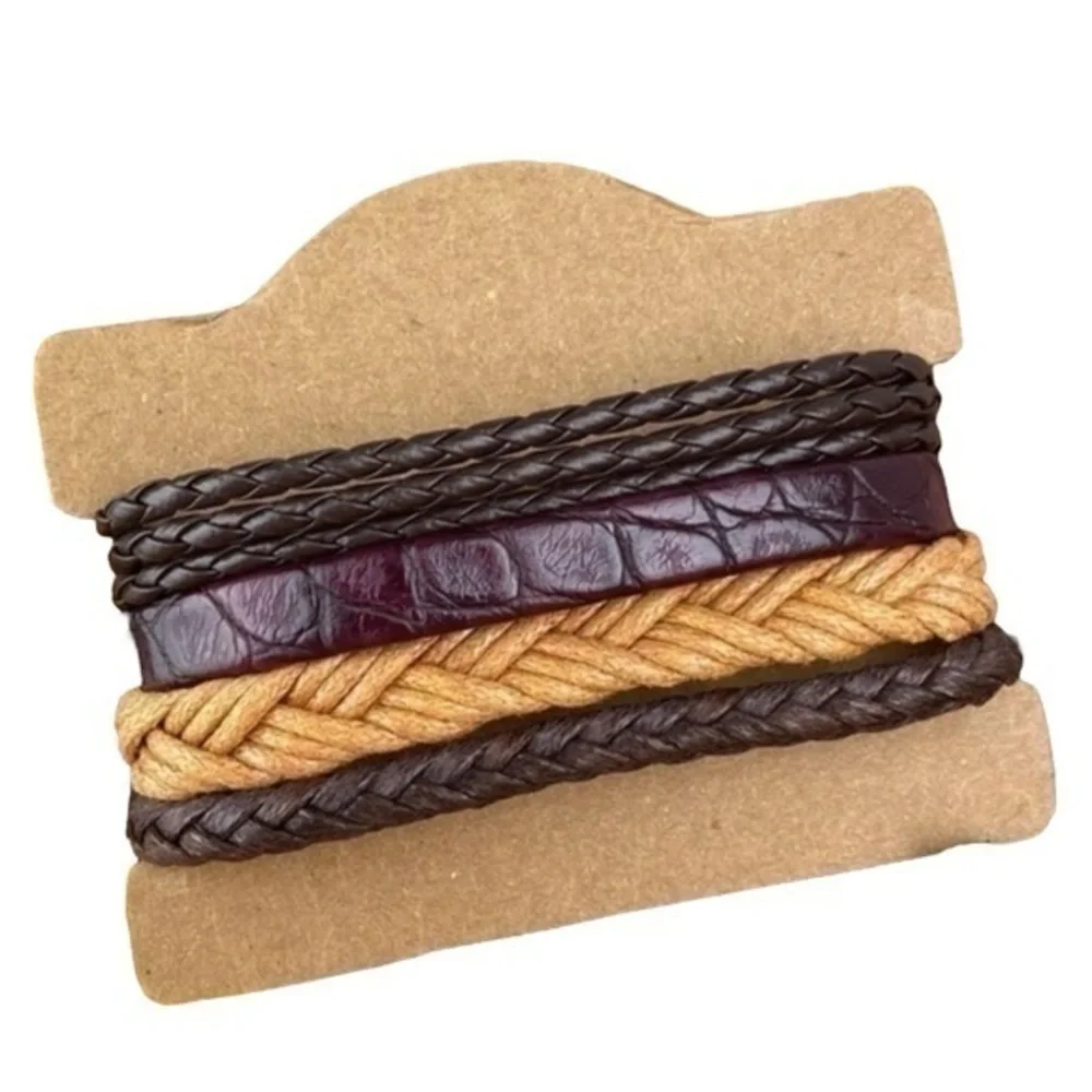Mens Bracelets Bundle 4 Piece Adjustable Size Leather and Hemp Bracelets
